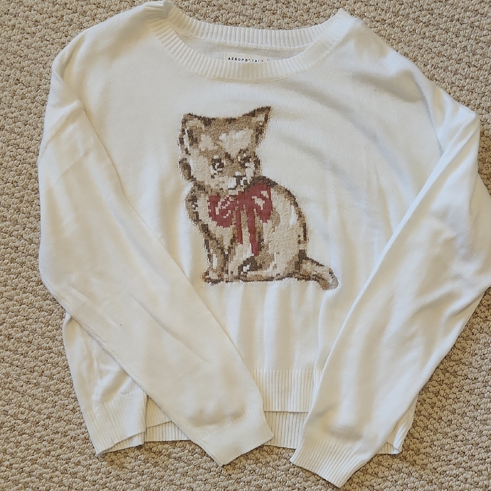 Aeropostale White Crewneck Sweater with Brown Kitty and Red Bow